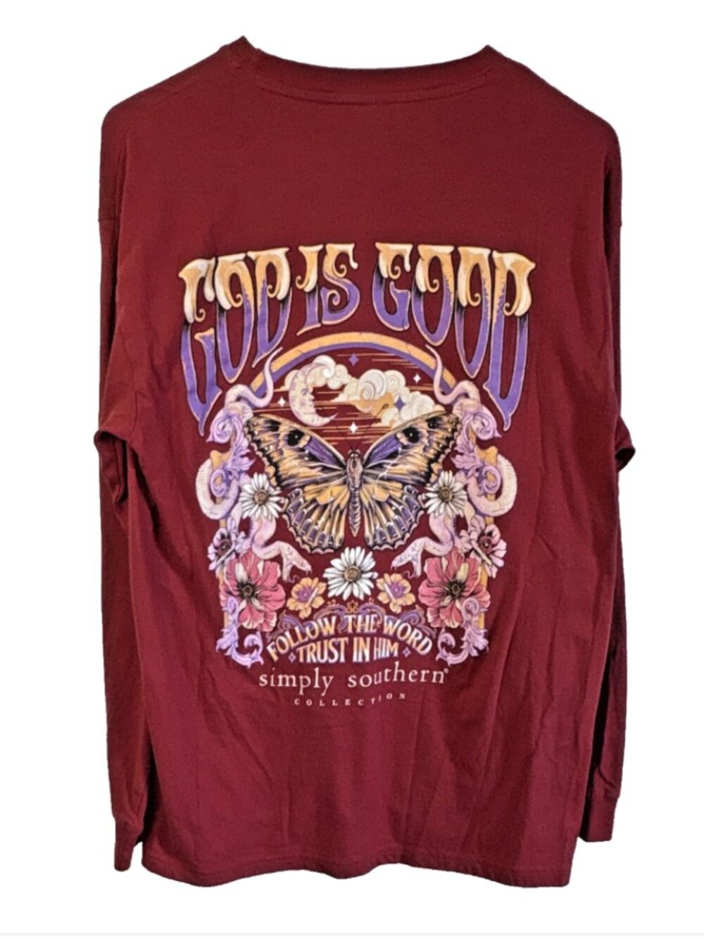 Simply Southern Collection God Is Good Butterfly Long Sleeve Graphic Tee Size M